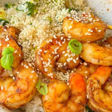 Shrimp Broccoli Rice Bowl with a Honey-Soy Sauce