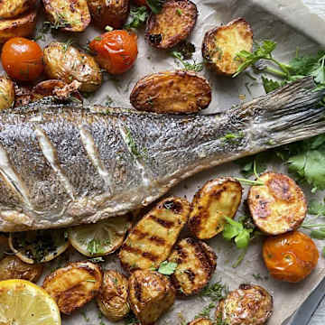 Roast Sea Bass with Garlic Dill Potatoes