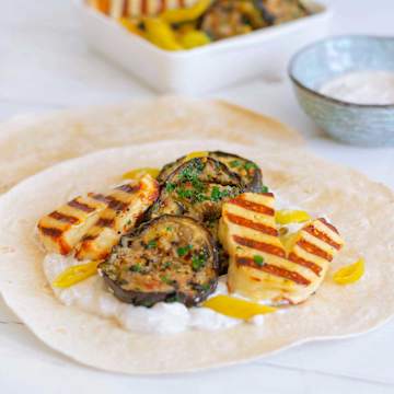 Grilled Halloumi Wrap With Aubergines, Pickles & Garlic Yoghurt