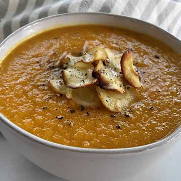 Carrot Parsnip Soup with Crunchy Parsnip Chips