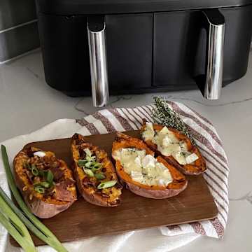Sweet Potato Skins Two Ways: Cheddar & Bacon and Brie & Thyme