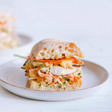 Jerk Spiced Chicken Breast Sandwich With Griddled Pineapple and Fresh Coleslaw