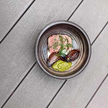 BBQ Goat Loin With Smoked Goat&rsquo;s Curd, Wild Garlic Pesto & Roasted Red Onions