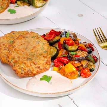Chickpea Patties, Roasted Vegetables & Yogurt Dressing