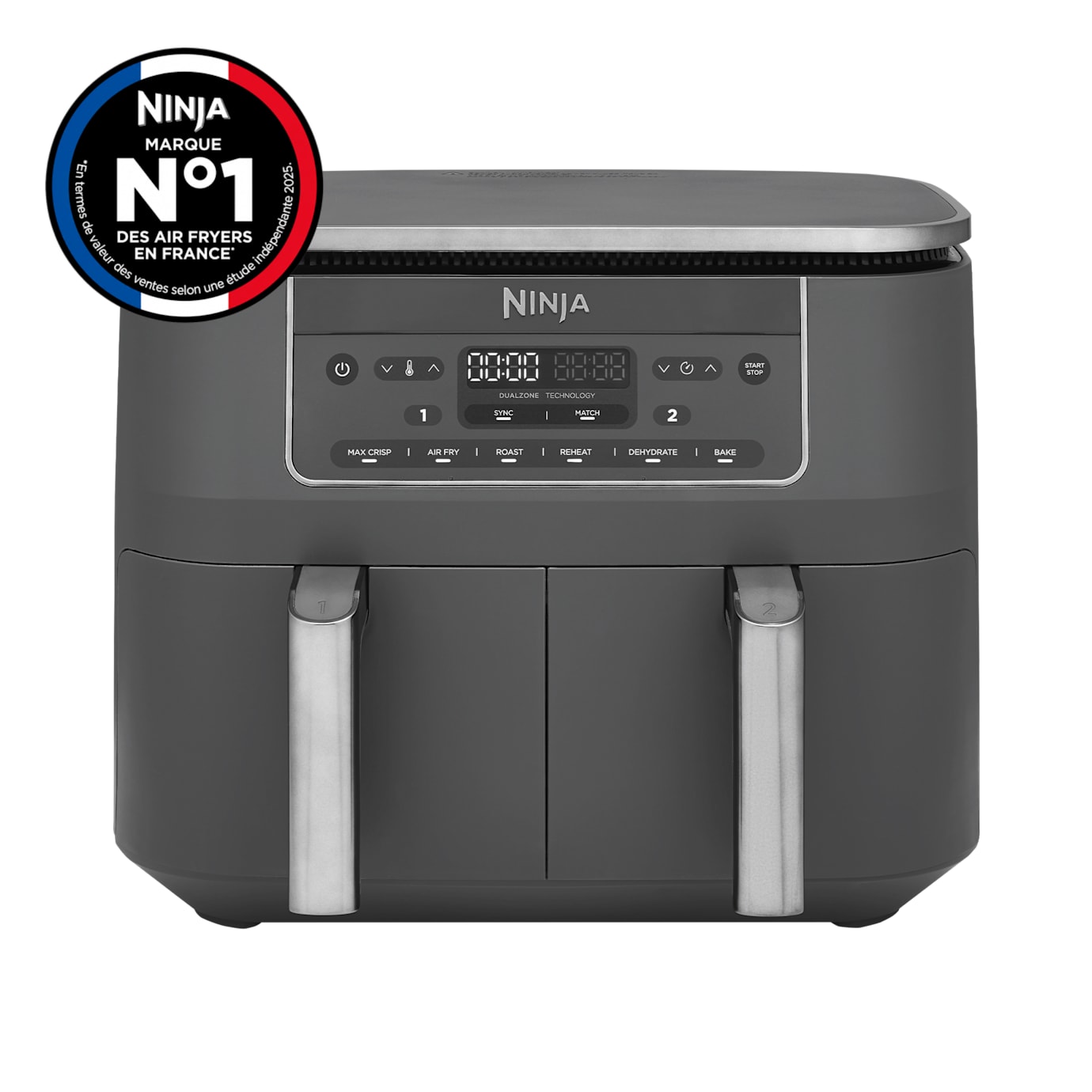 Ninja DualZone DZ300EU gris vu de face, avec ses deux tiroirs et poignées argentées