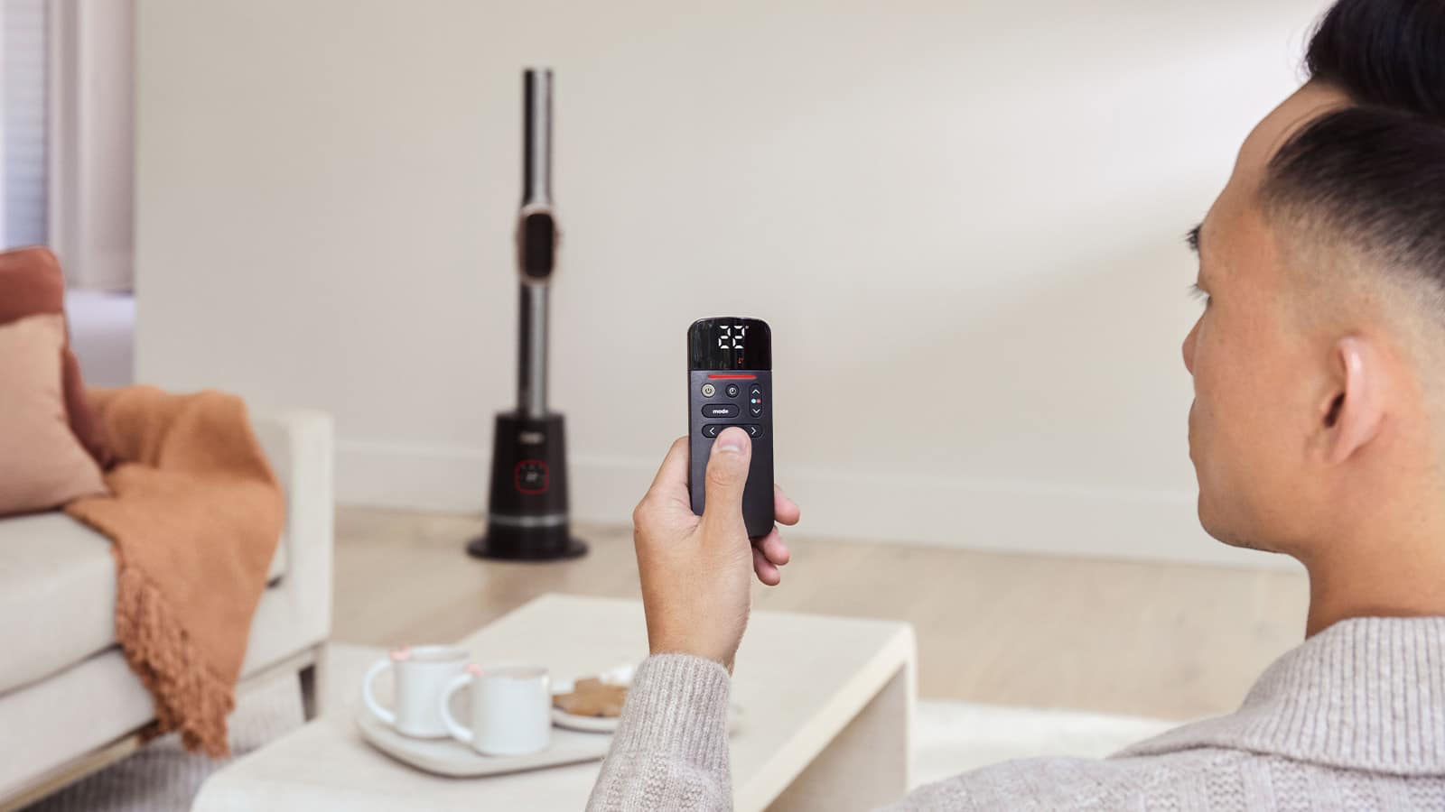 Shark TurboBlade heating a home office, controlled with the magnetic remote