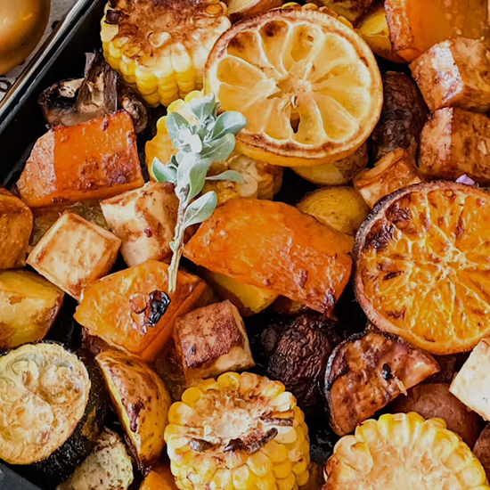 Holiday Ginger Miso Glazed Vegetable Sheet Pan Dinner with Tofu