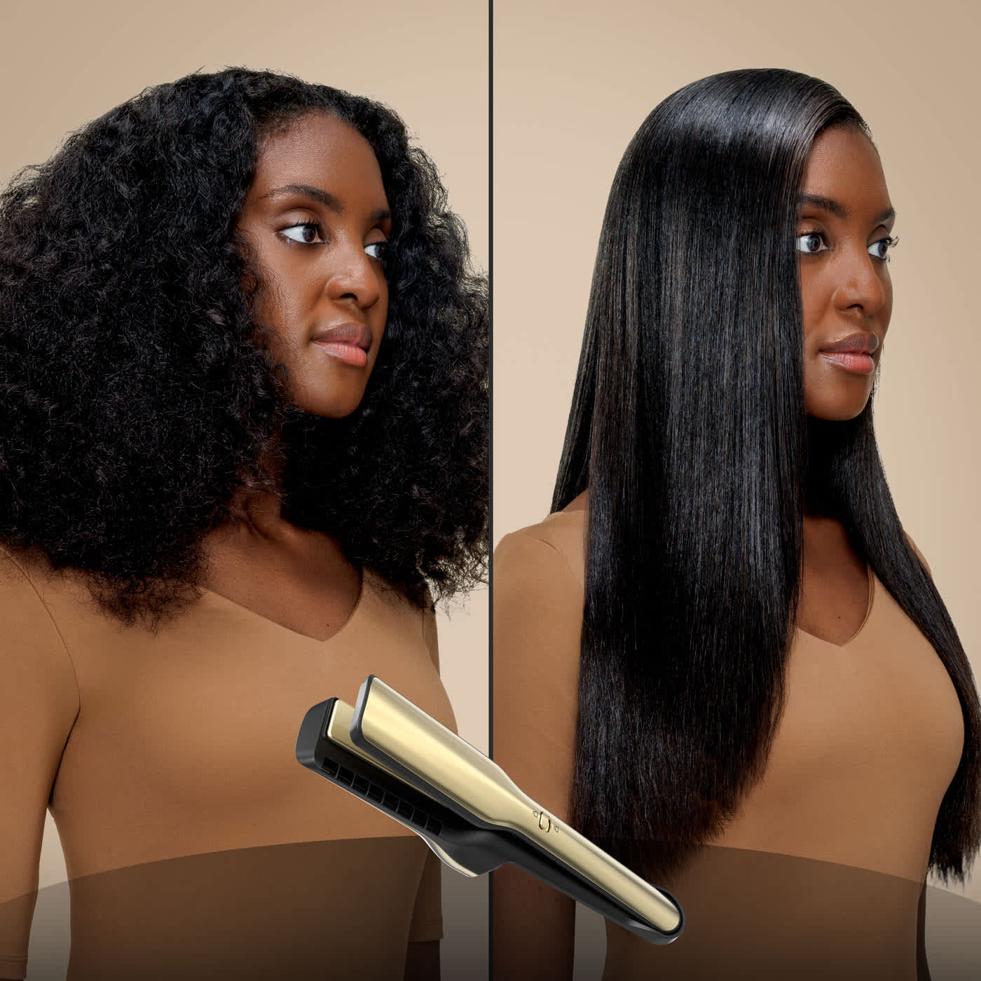 Side-by-side before and after of a woman with curly hair transformed into sleek, smooth straight hair using a gold flat iron.