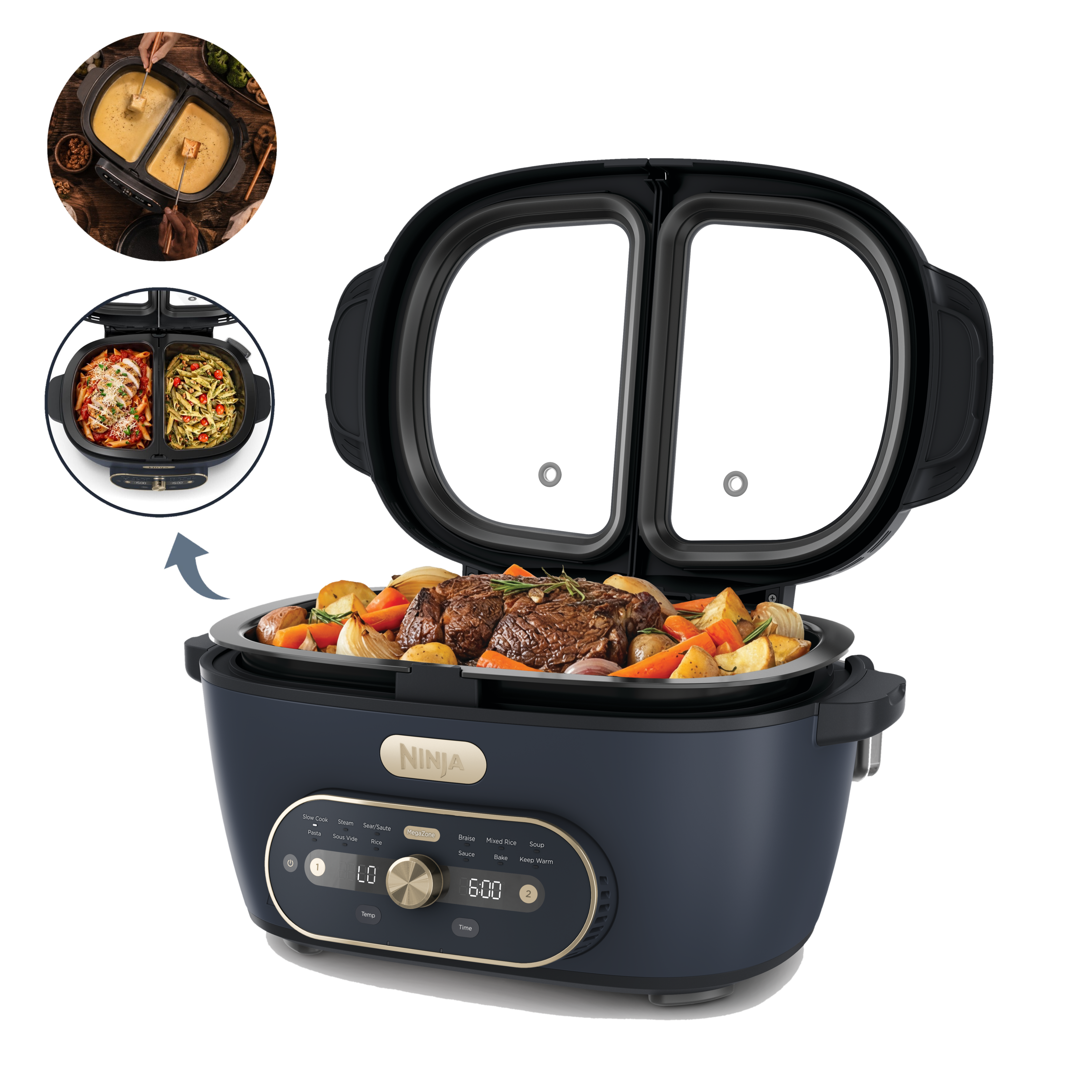MultiPot XL avec sa m&eacute;gazone, et deux images montrant la DualZone, une avec deux plats de p&acirc;tes et l'autre avec une fondue dans les deux zones