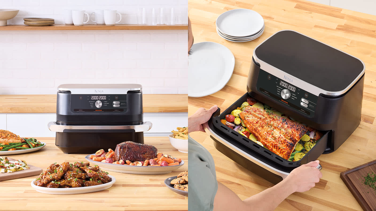 &Agrave; gauche, air fryer Ninja entour&eacute; de plats d'agneau et d'ailes de poulet ; &agrave; droite, Ninja AF500EU ouvert contenant un filet de saumon entier.
