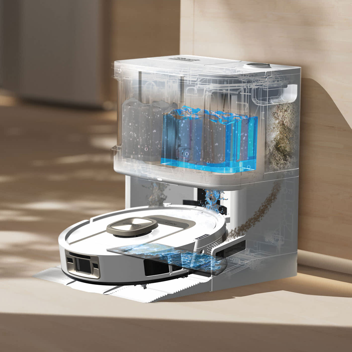 Robot aspirateur Ninja se connectant &agrave; sa base pour vider les d&eacute;bris.