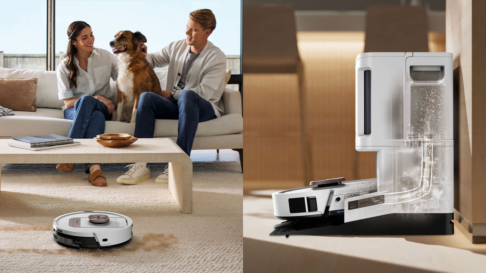 &Agrave; gauche, famille avec un chien et le robot aspirateur nettoyant les poils ; &agrave; droite, robot se vidant automatiquement dans sa base.