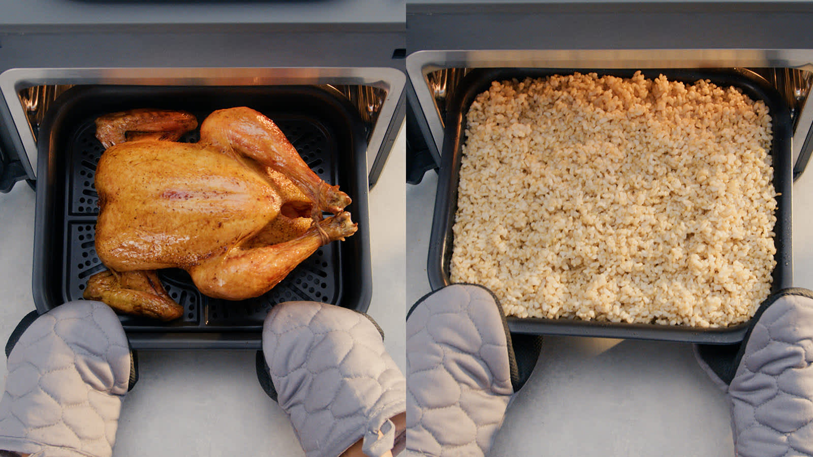 &Agrave; gauche, Poulet entier en train de cuire dans le multicuiseur Ninja &agrave; droite,du riz das le multicuiseur