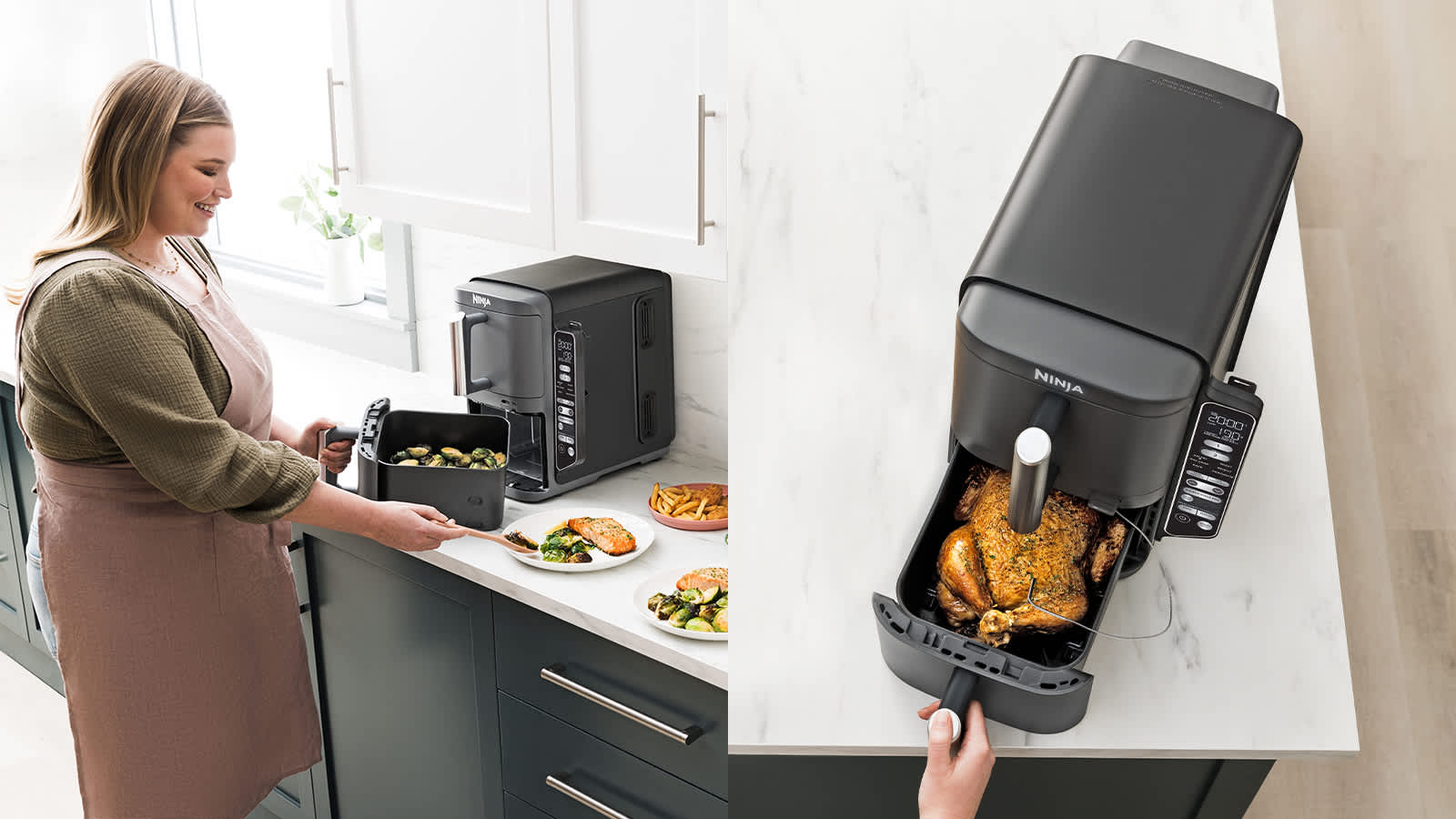 Personne sortant des l&eacute;gumes de l'air fryer Ninja et les d&eacute;posant dans une assiette.