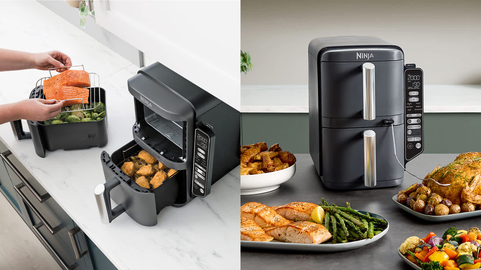 ninja air fryer et des plats de nourriture, notamment du saumon