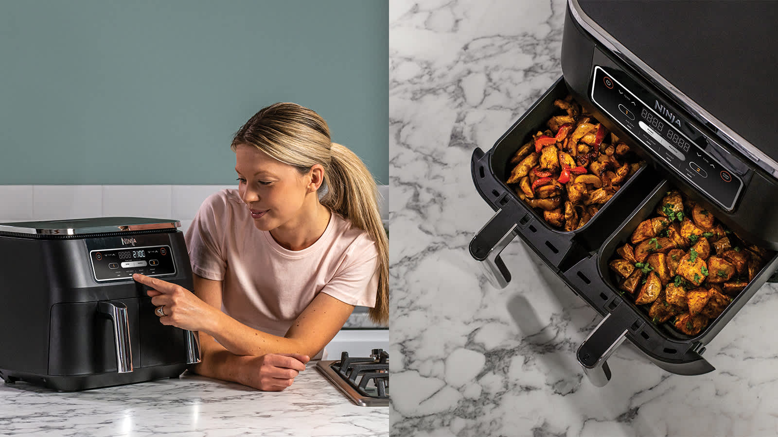 &Agrave; gauche, une femme appuie sur un bouton de l&rsquo;Airfryer. &Agrave; droite, du poulet et des pommes de terre dans les tiroirs de l&rsquo;Airfryer.