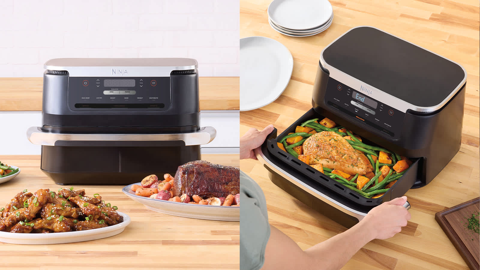 Air fryer sur un comptoir entour&eacute; d'assiettes de nourriture ; &agrave; droite, air fryer ouvert contenant du poulet et des l&eacute;gumes.