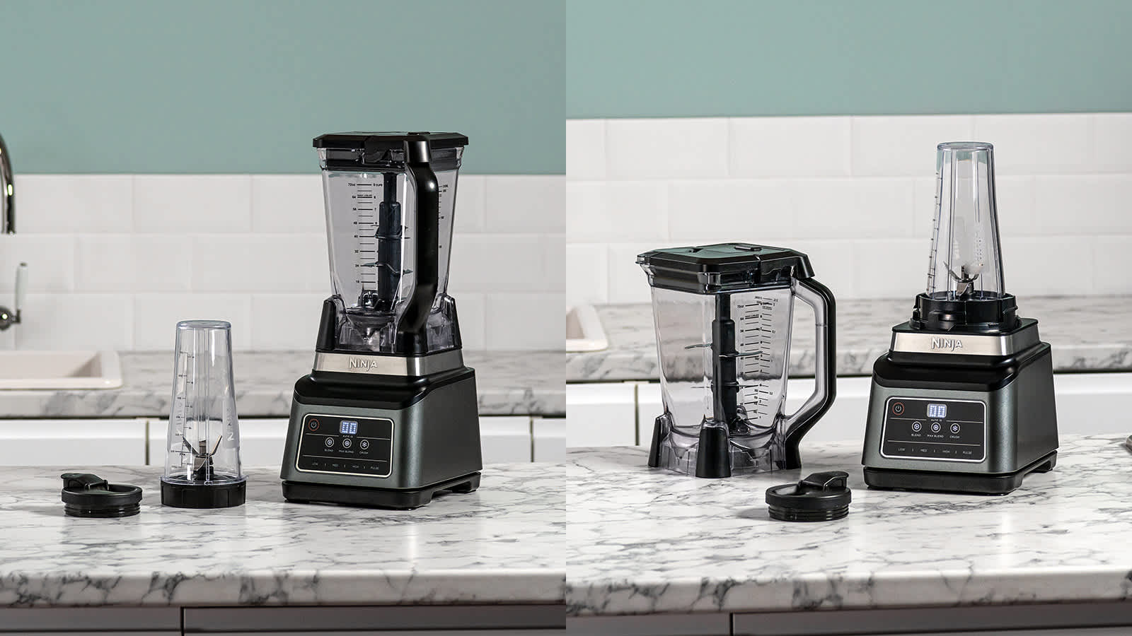 Blender Ninja pos&eacute; sur une table avec ses accessoires.