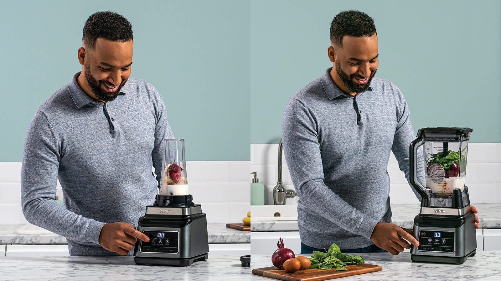 Homme mixant des ingr&eacute;dients dans le blender Ninja.