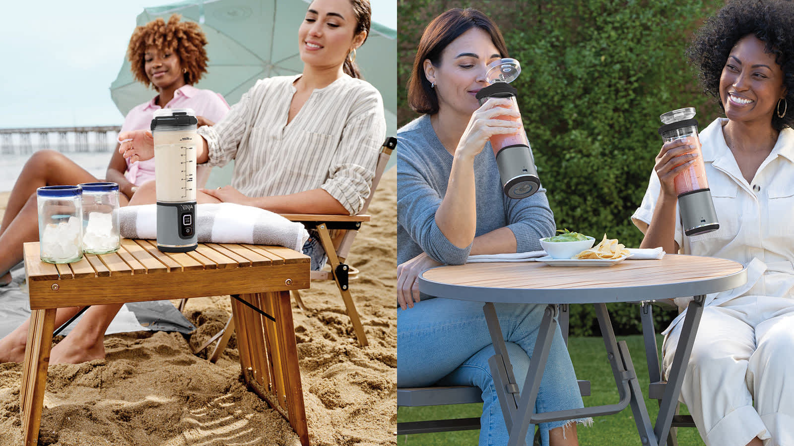 &Agrave; gauche, personnes buvant depuis le blender portable Ninja &agrave; la plage ; &agrave; droite, personnes buvant depuis le blender portable Ninja en ext&eacute;rieur.