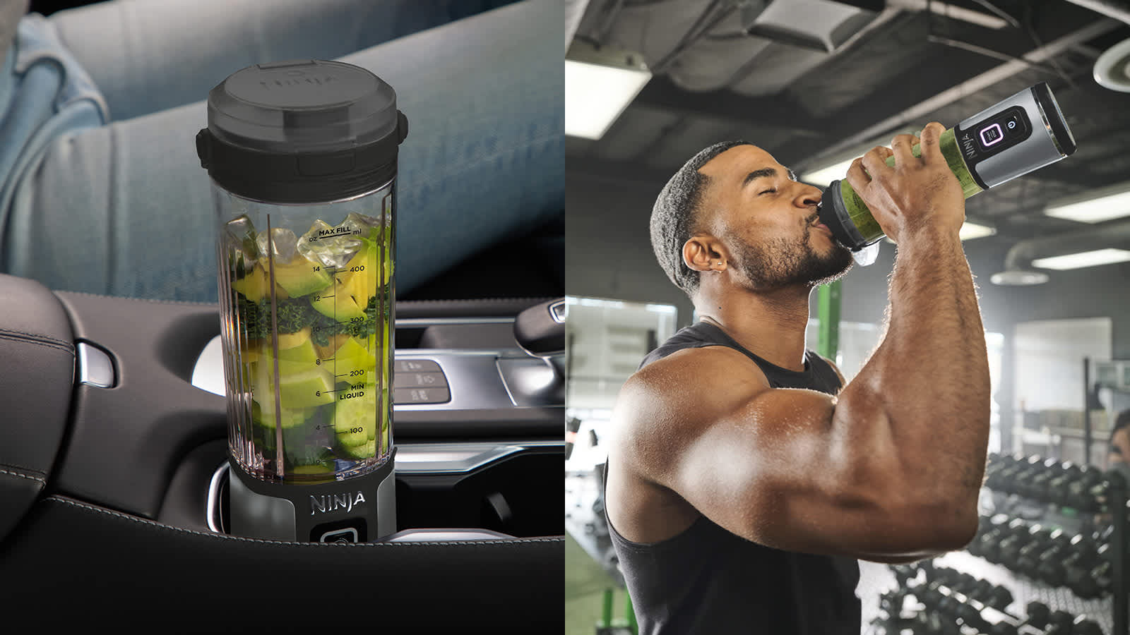 &Agrave; gauche, blender portable Ninja dans une voiture ; &agrave; droite, personne buvant depuis le blender portable Ninja dans une salle de sport.