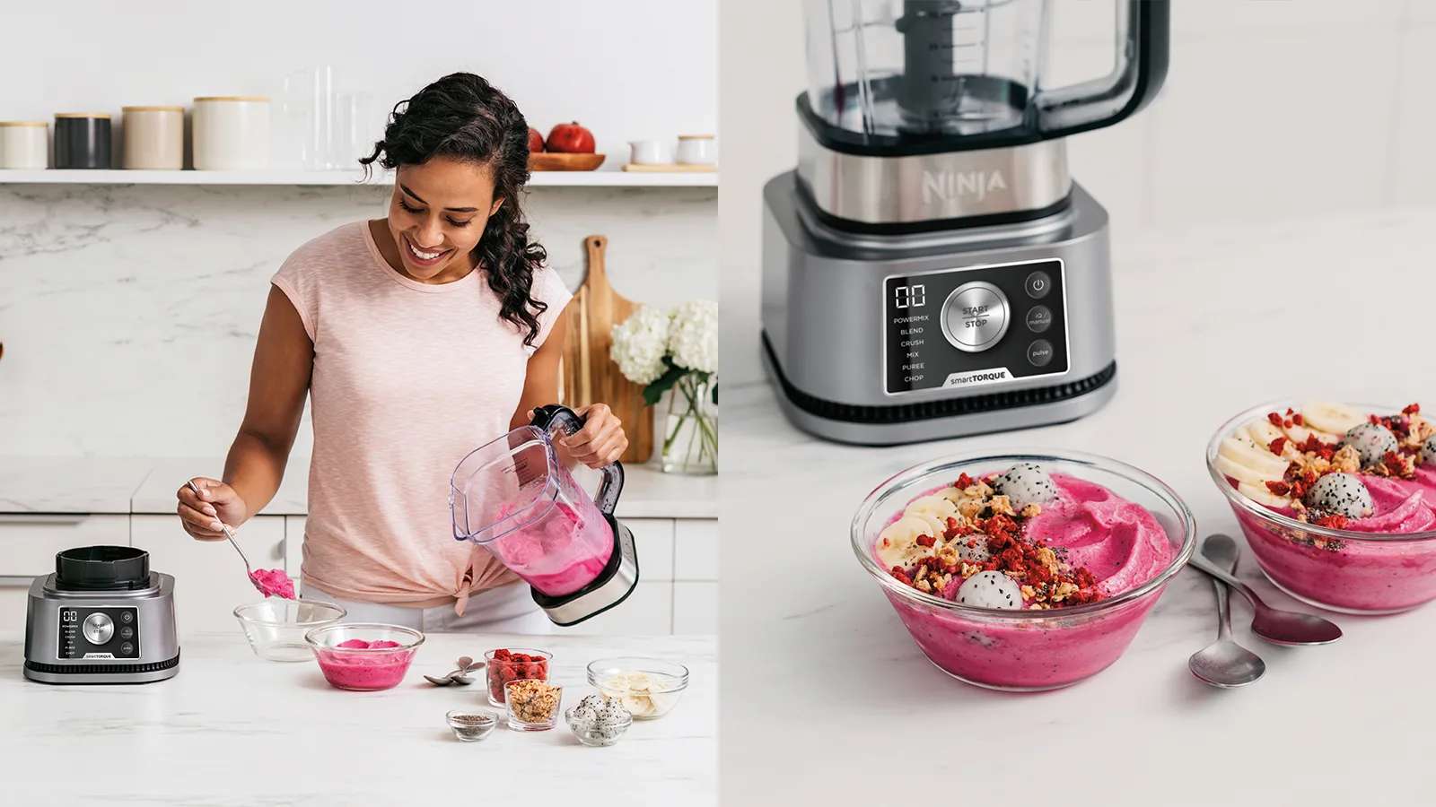 Femme pr&eacute;parant des smoothie bowls avec le blender Ninja.