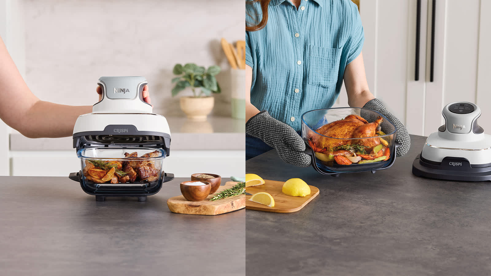 Personne cuisant du poulet dans l&rsquo;Airfryer Ninja Crispi.