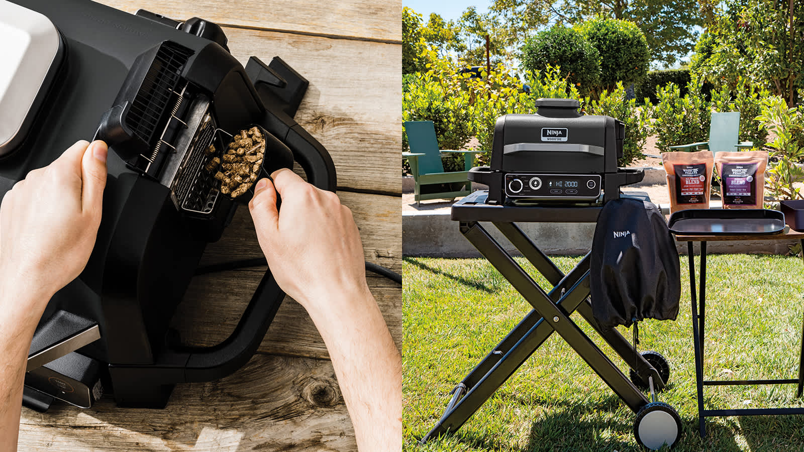 &Agrave; gauche, personne ins&eacute;rant des pellets dans le barbecue ; &agrave; droite, Ninja OG701EU sur un support.