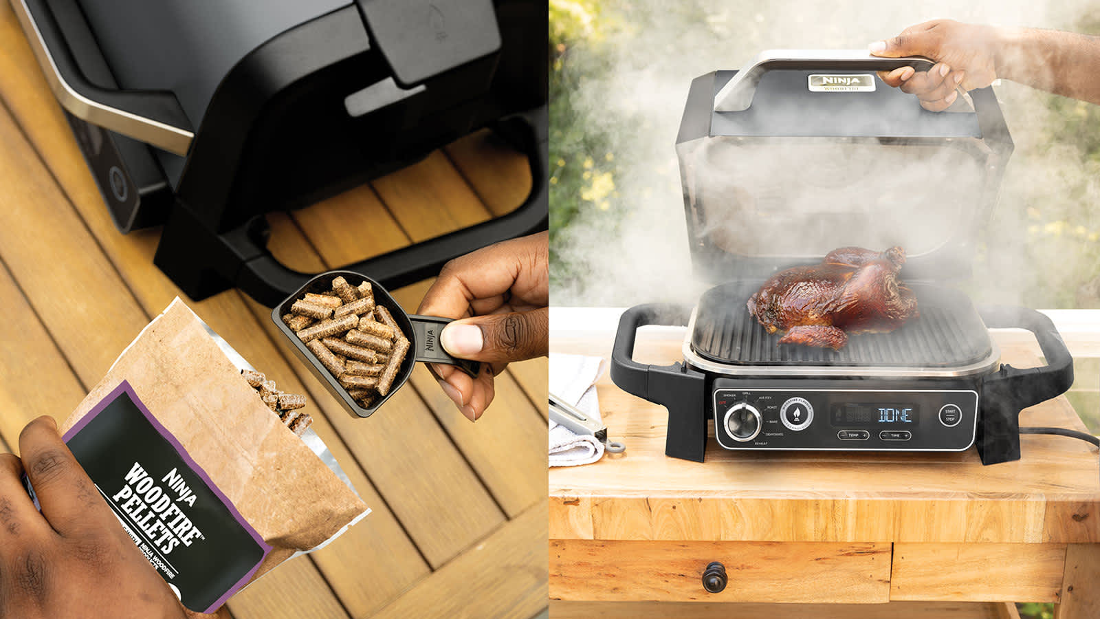 &Agrave; gauche, personne ajoutant des pellets dans le barbecue Ninja ; &agrave; droite, personne cuisinant du poulet dans le barbecue Ninja.