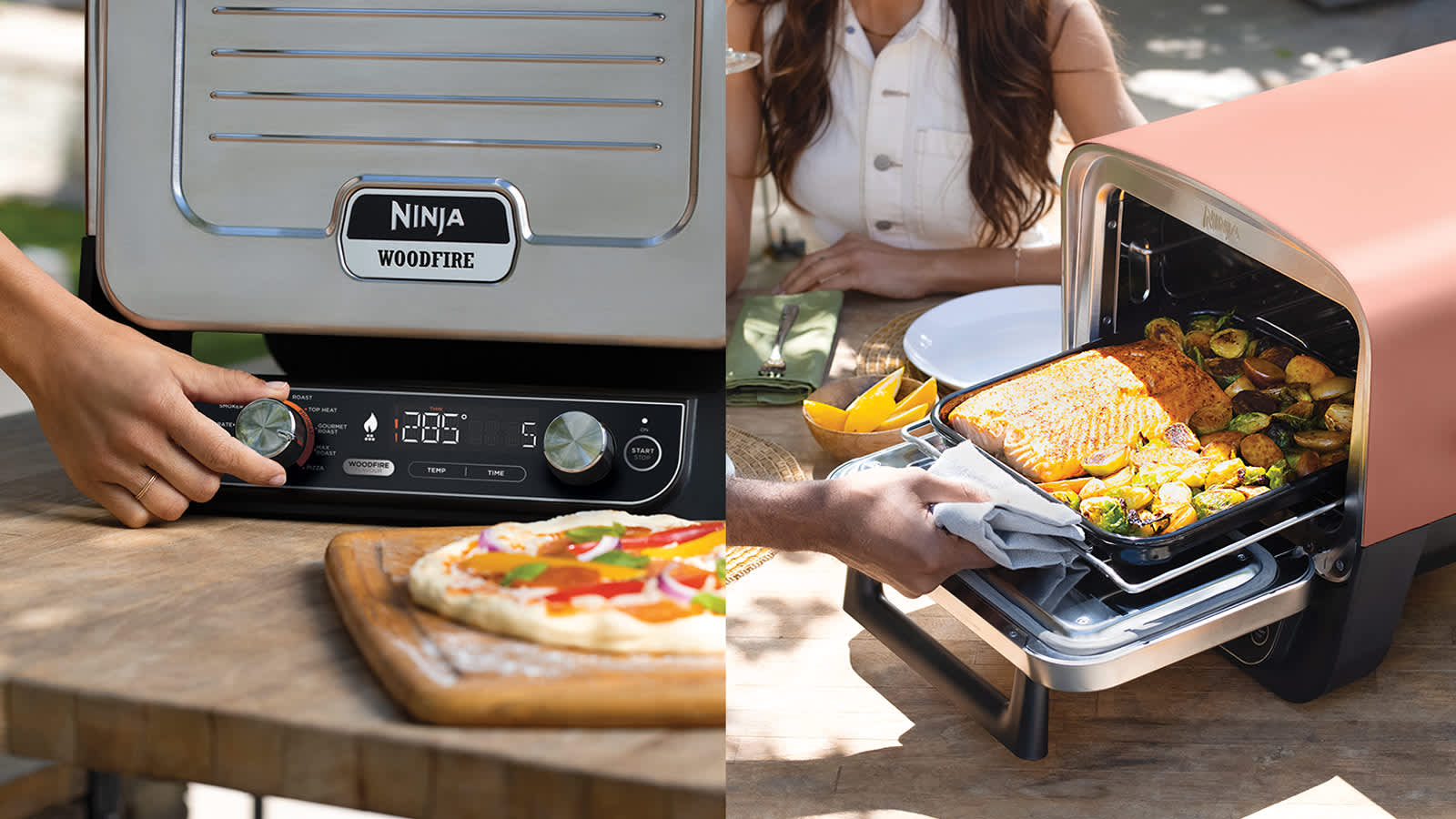 Personne ajustant la temp&eacute;rature du four &eacute;lectrique Ninja et retirant le nourriture du four a pizza 
