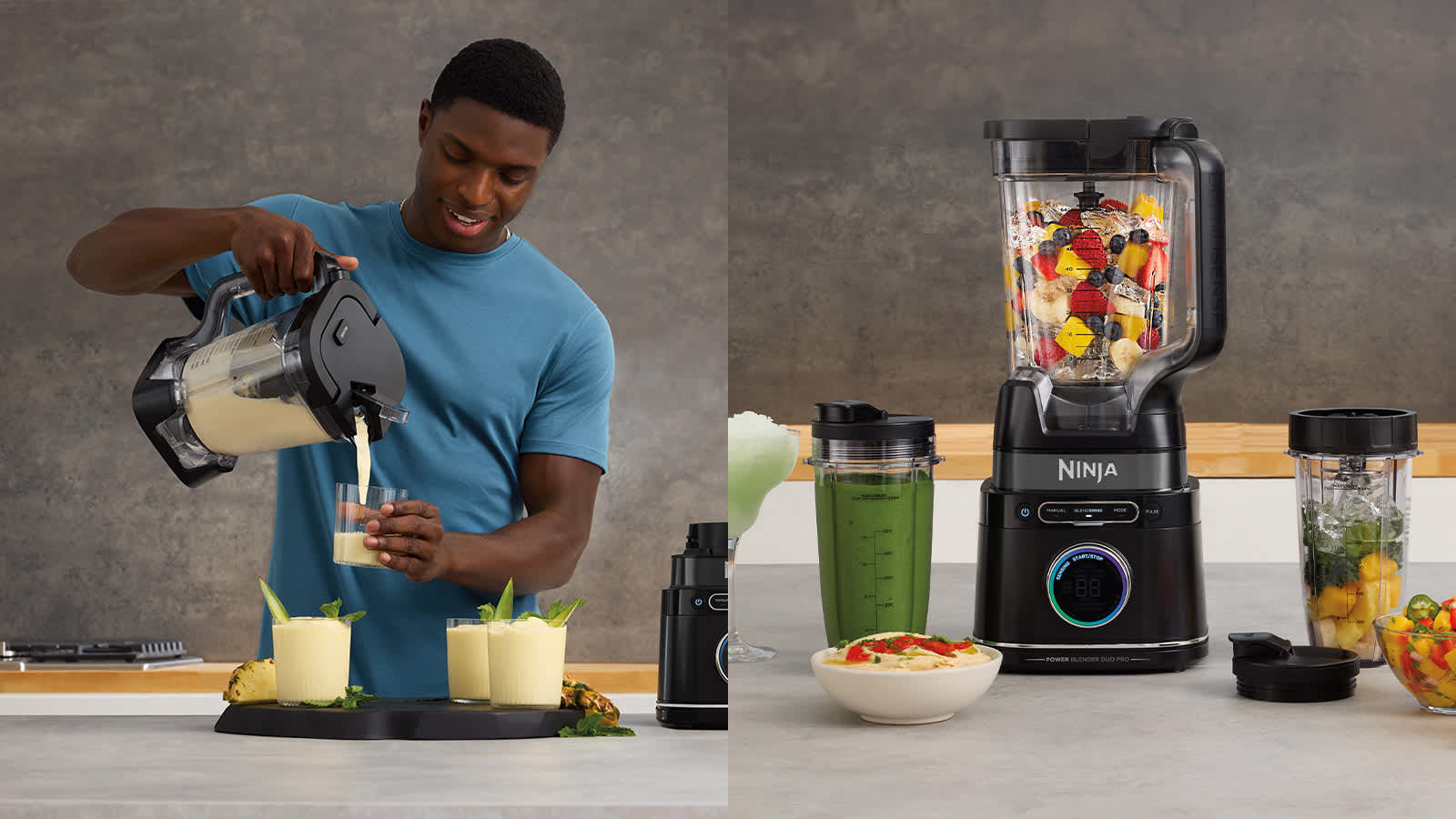 &Agrave; gauche, homme versant un smoothie du blender dans un gobelet ; &agrave; droite, blender contenant des fruits entour&eacute; de smoothies et de bols.