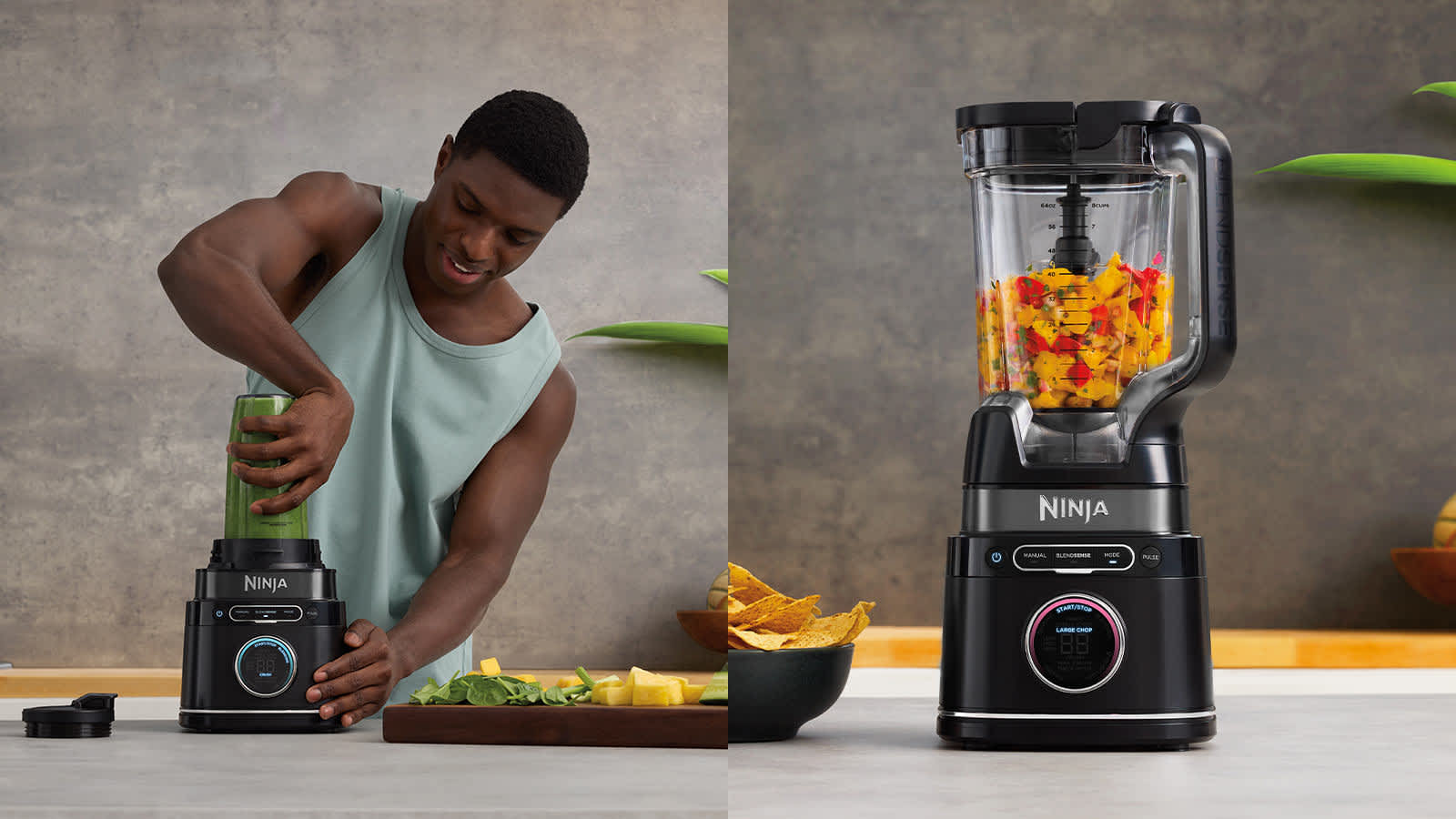 &Agrave; gauche, homme fixant un gobelet sur le blender Ninja ; &agrave; droite, blender contenant des l&eacute;gumes avec un bol de chips.