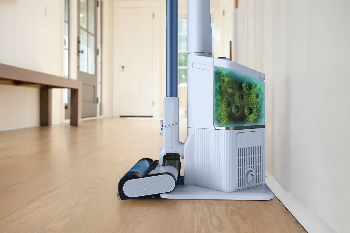 Aspirateur sans fil shark sur son support.