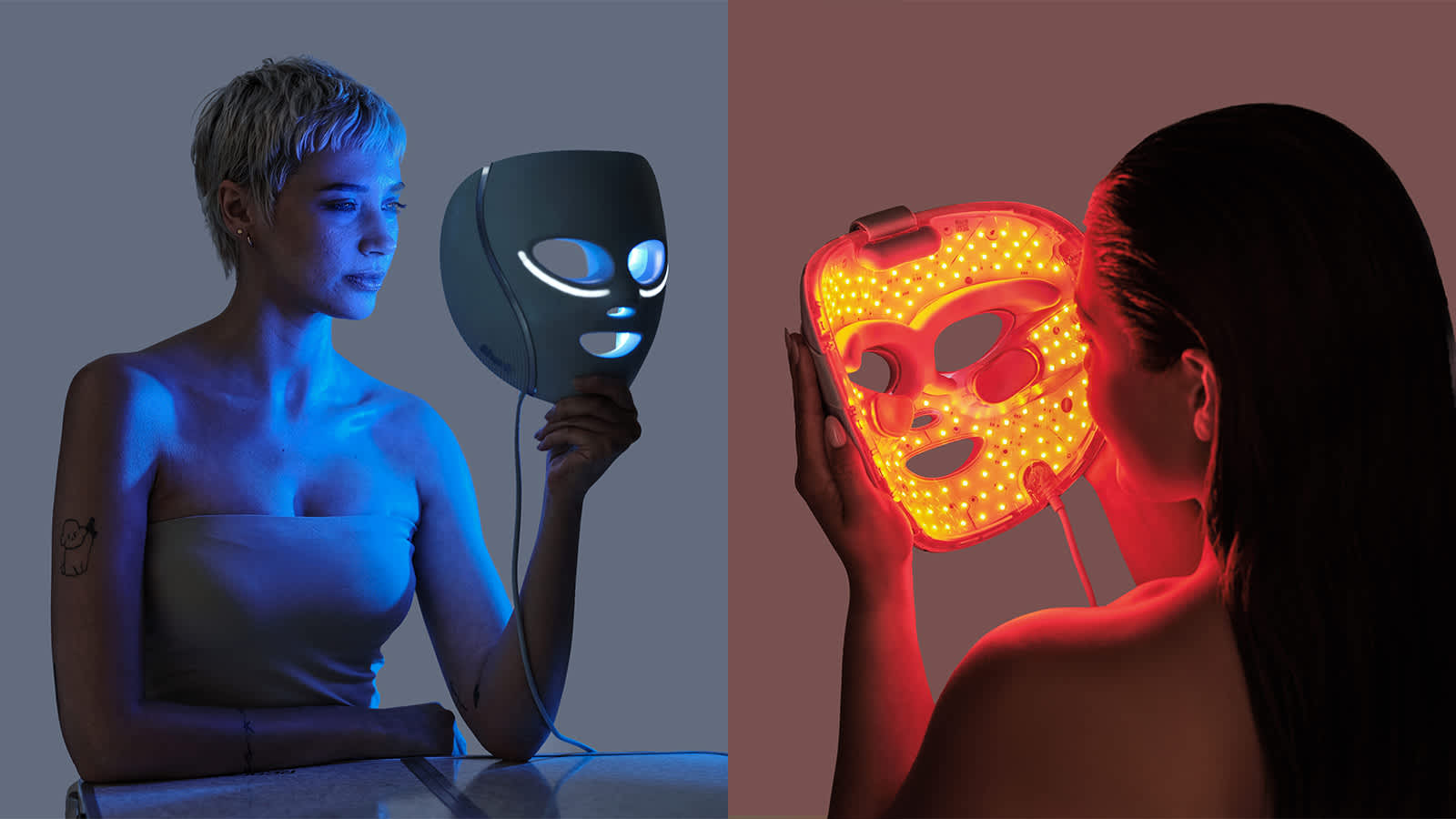 femme tenant un masque led shark avec lumi&egrave;re bleu a gauche, a doite femme tenant un masque led shark avec lumi&egrave;re rouge.