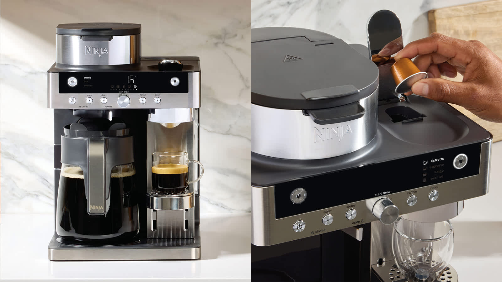 &Agrave; gauche, une machine &agrave; caf&eacute; avec du caf&eacute; filtre et un espresso. &Agrave; droite, une personne ins&egrave;re une capsule dans la machine &agrave; caf&eacute;.