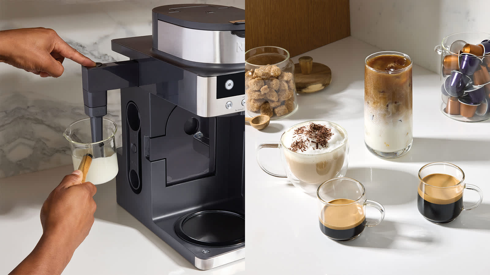 &Agrave; gauche, une personne fait mousser du lait. &Agrave; droite, image montrant diff&eacute;rents types de caf&eacute; r&eacute;alisables avec la machine.