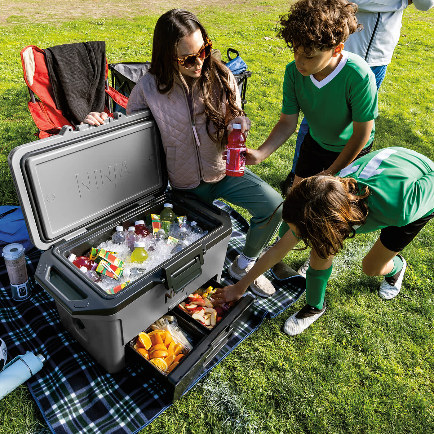Mutter mit Kindern auf der Wiese, ein Kind nimmt Essen aus der Schublade der Ninja FrostVault K&uuml;hlbox