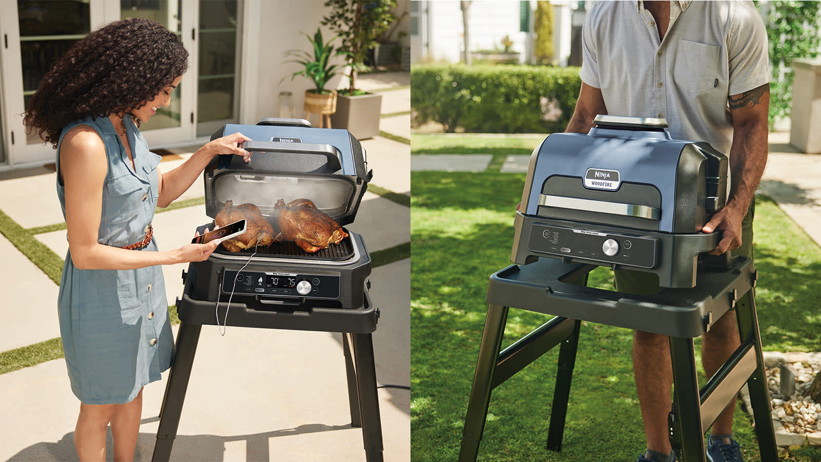 &Agrave; gauche, femme cuisinant des poulets dans le barbecue Ninja ; &agrave; droite, homme installant le barbecue Ninja sur son support.