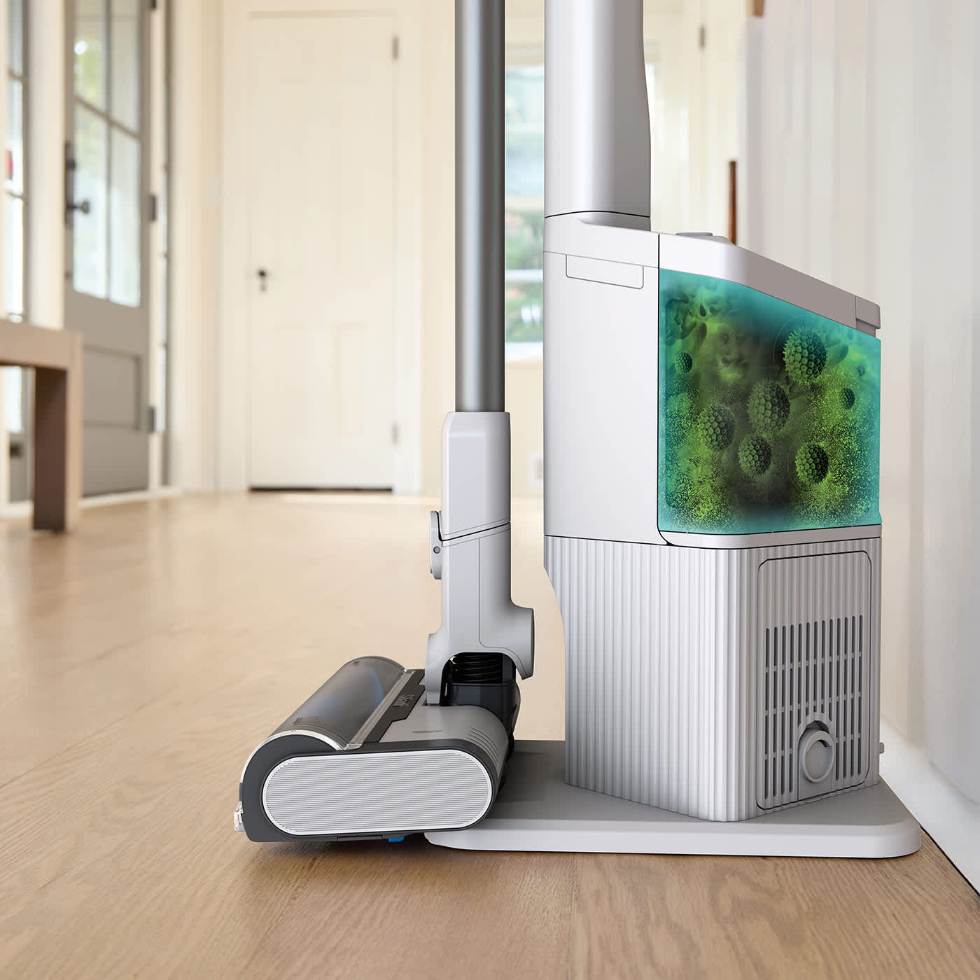 Self-Empty Akku-Staubsauger BU3521EU mit automatischem Entleerungssystem und Ladestation auf Parkettboden