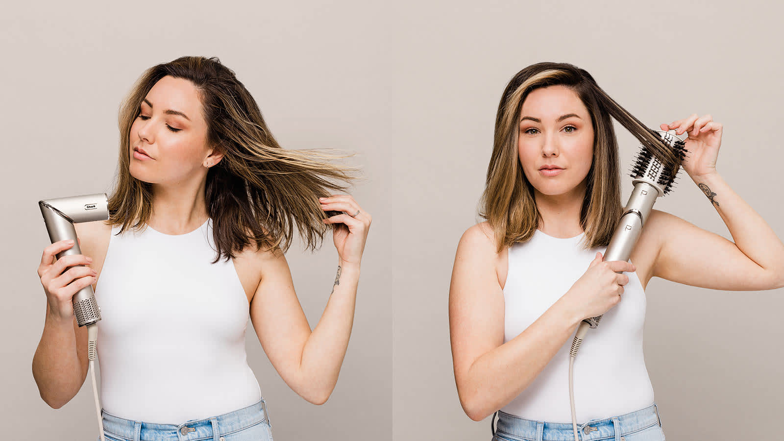 Femme s&eacute;chant des cheveux courts.