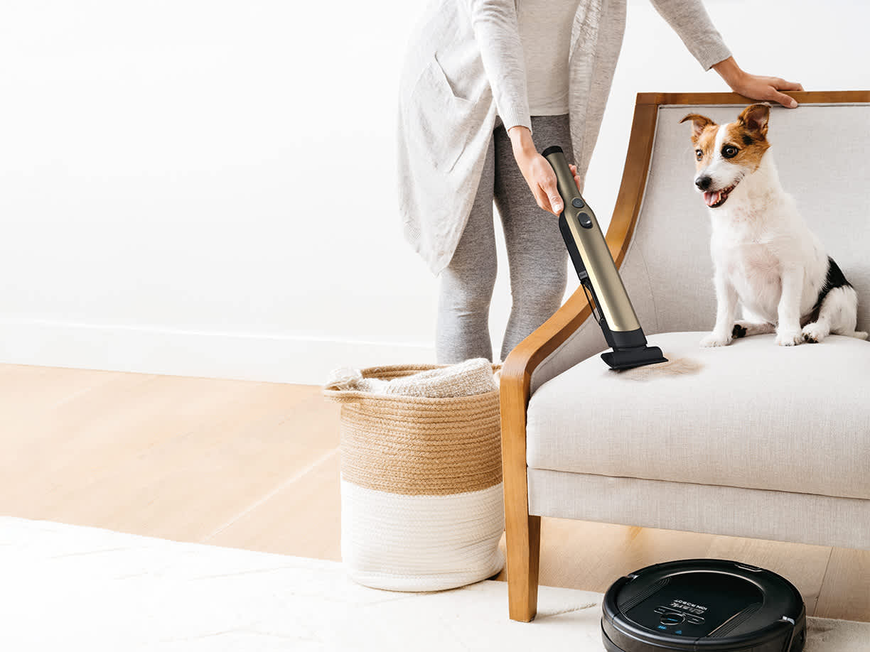 Paar mit Hund auf Sofa, Saugroboter reinigt Wohnzimmerteppich