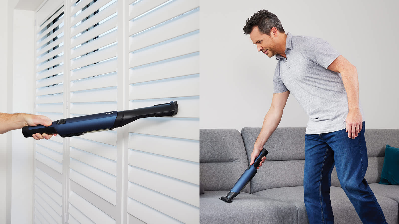 Personne aspirant ses stores et son canap&eacute; avec l'aspirateur &agrave; main Shark.