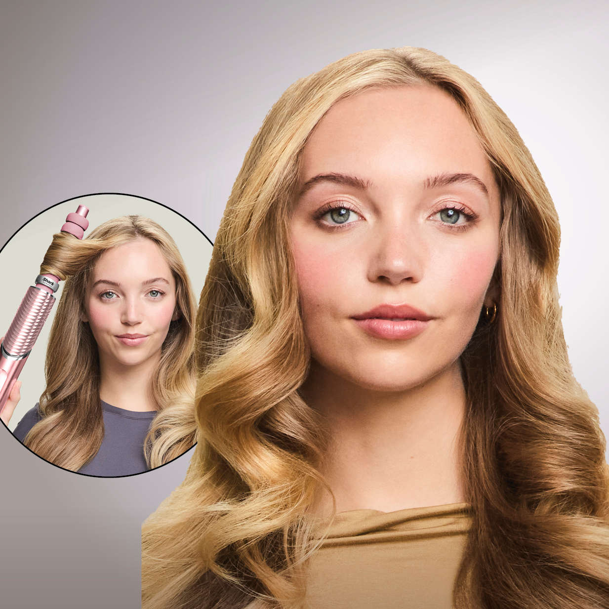 Immagine di una ragazza che si arriccia i capelli con FlexStyle IonCurl e il risultato finale