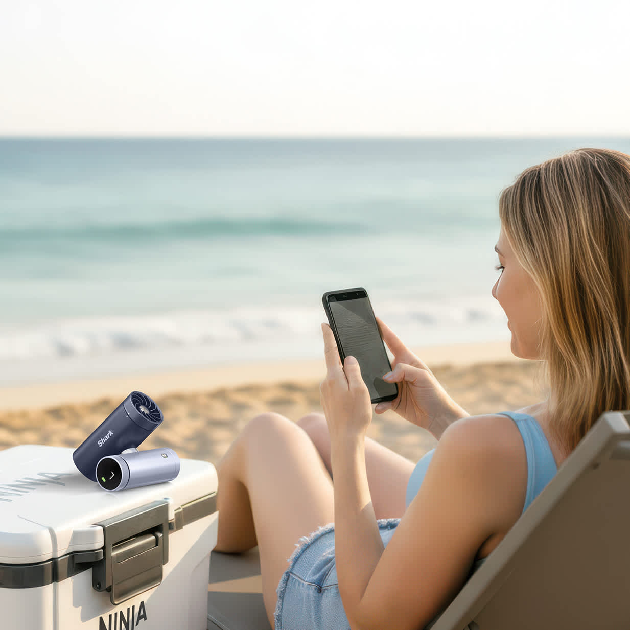 Donna che si rinfresca in spiaggia con il ventilatore portatile Shark ChillPill