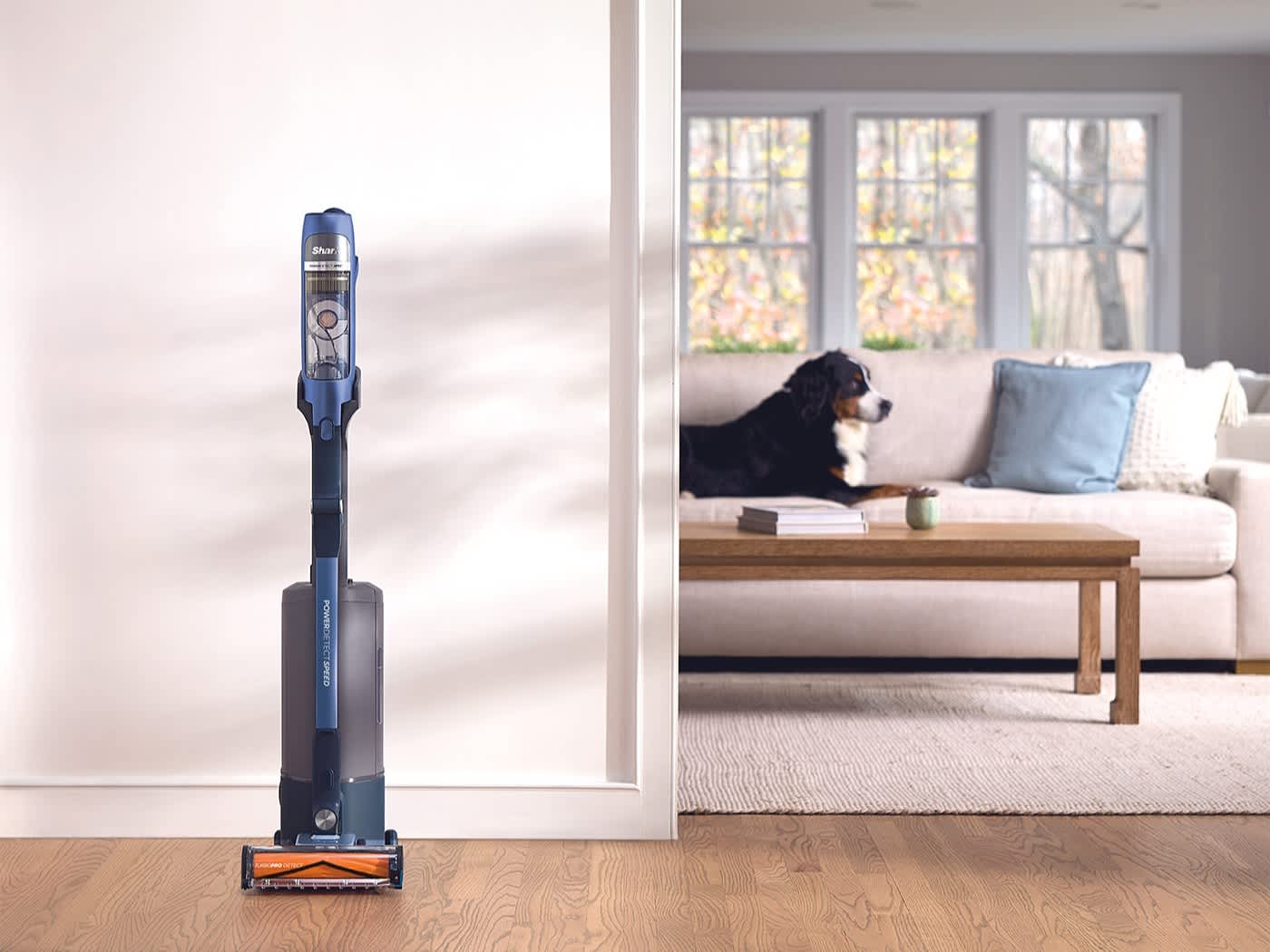 Aspirapolvere senza filo Shark PowerDetect Speed in un soggiorno con un cane