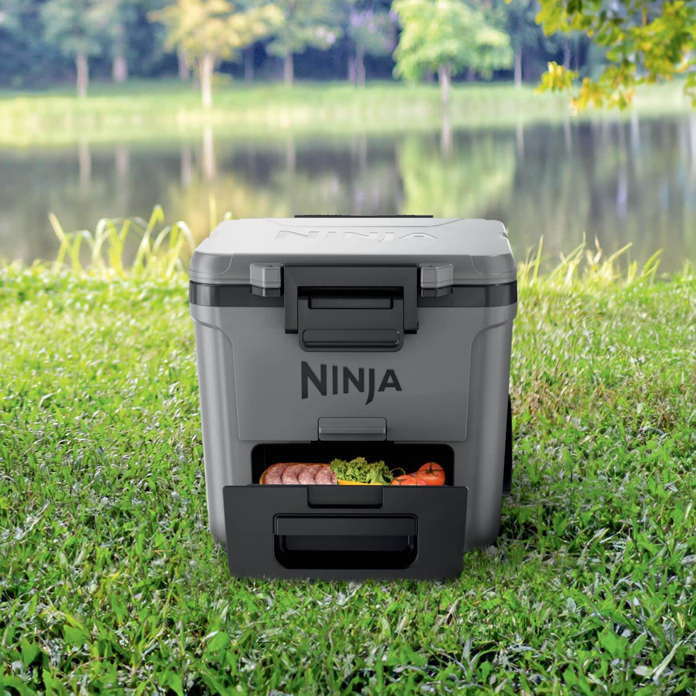 Lod&oacute;wka na k&oacute;łkach ze strefą suchą Ninja FrostVault 28L FB230EUGY stojąca na trawie