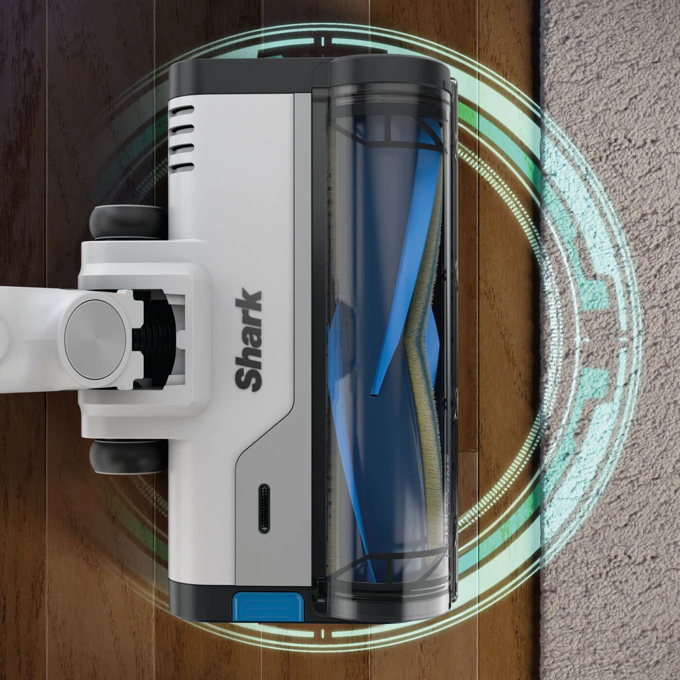 Zbliżenie na elektroszczotkę PowerFins odkurzacza bezprzewodowego Shark PowerPro Pet IZ380EUT