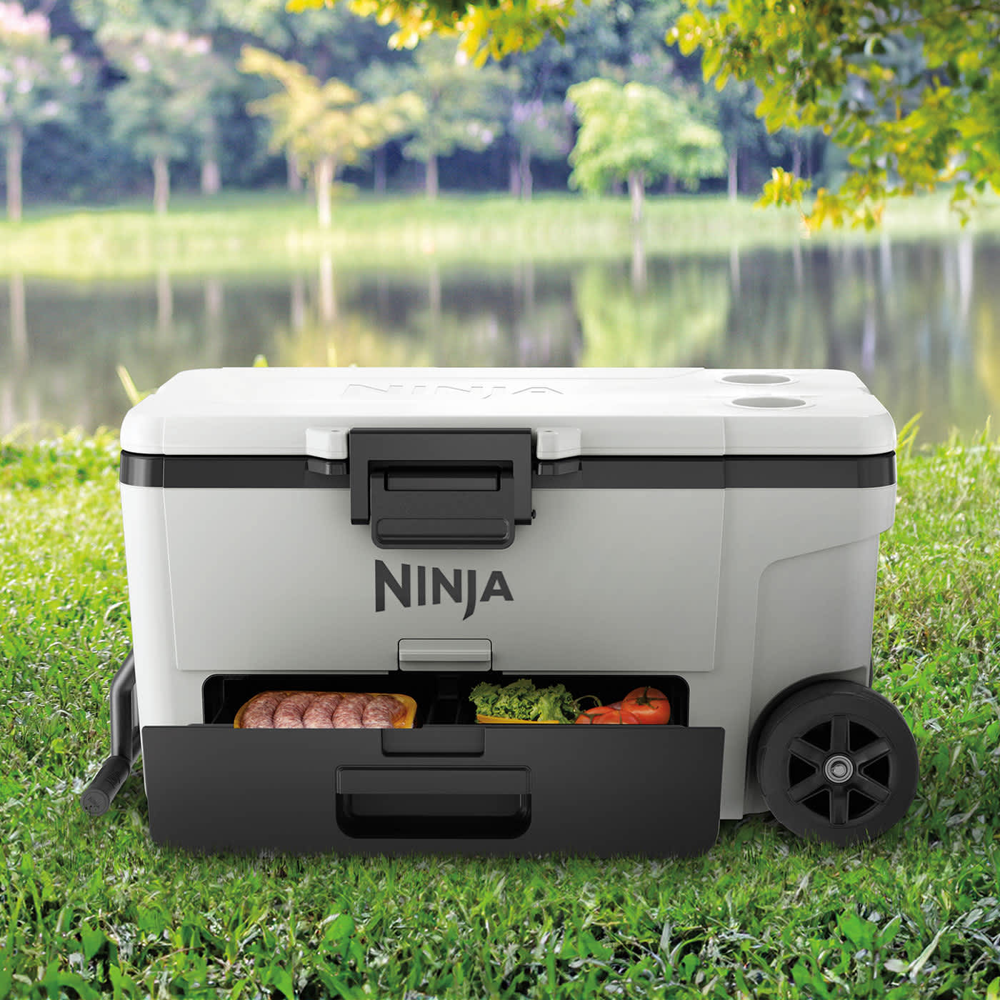 Lod&oacute;wka na k&oacute;łkach ze strefą suchą Ninja FrostVault stojąca na trawie