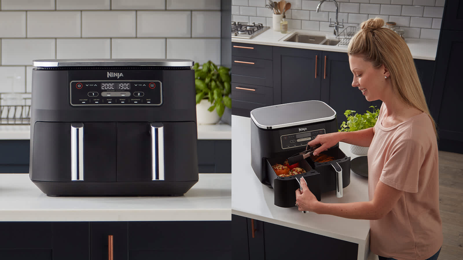 Una Ninja air fryer negra sobre una encimera y una mujer cocinando en ella