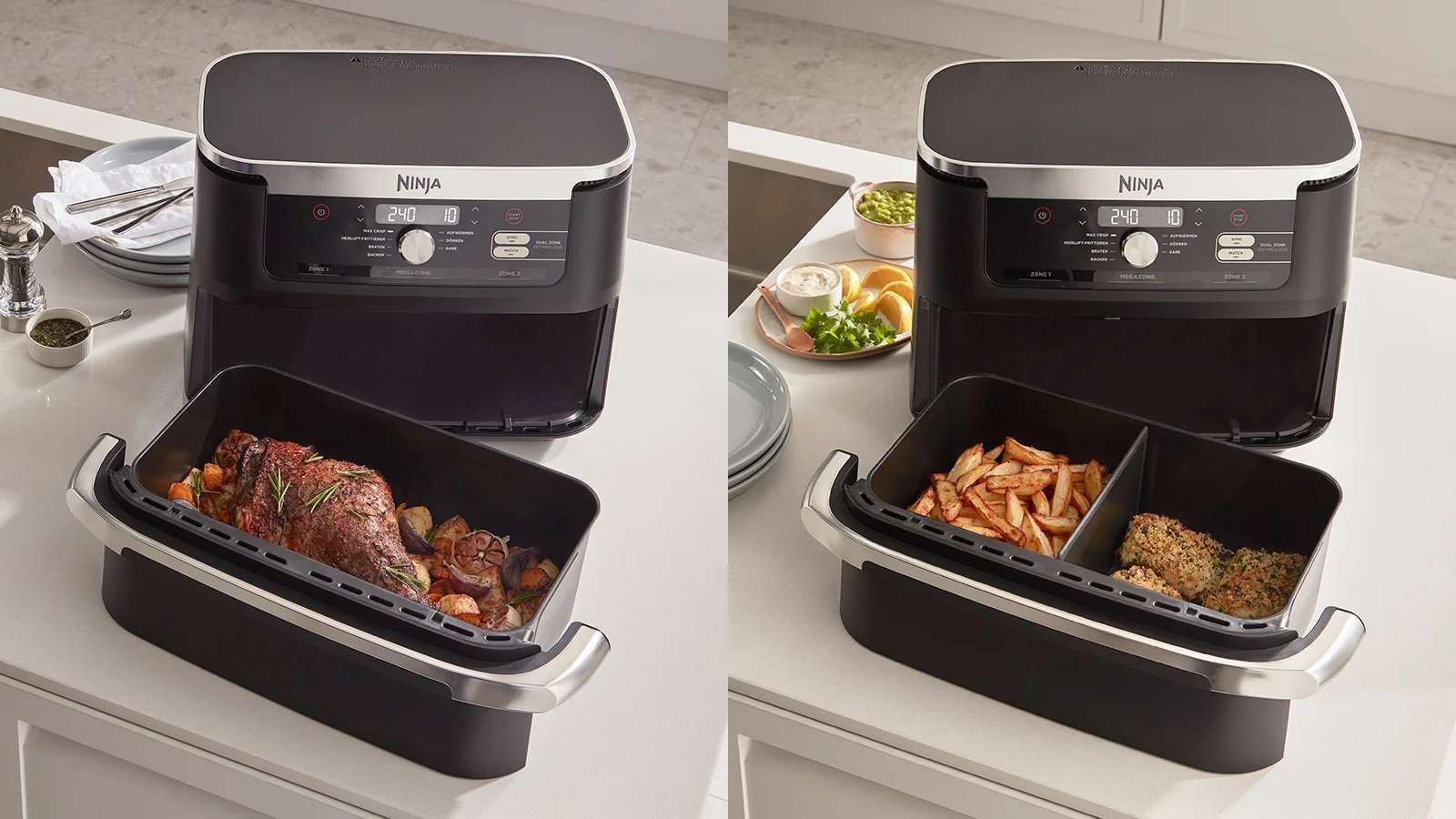 una freidora de aire XL Ninja cocinando varias recetas de horno